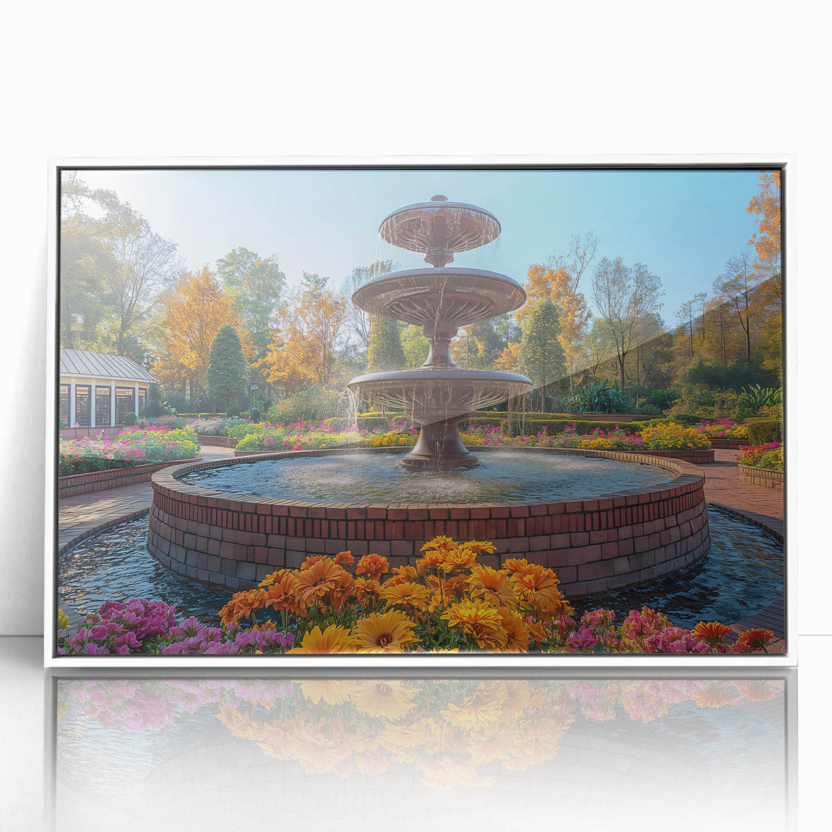 Art Deco poster featuring a symmetrical fountain design in monochrome, framed acrylic.
