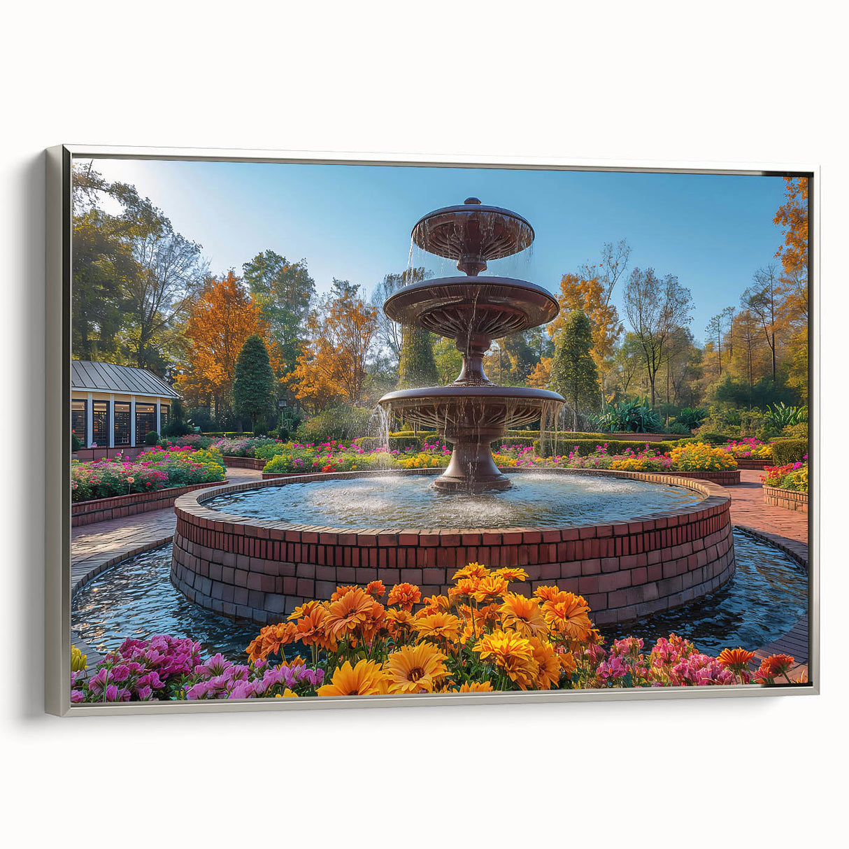 Landscape art painting of a fountain, framed canvas in silver, featuring a mix of black and colorful elements.