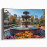 Landscape art painting of a fountain, framed canvas in silver, featuring a mix of black and colorful elements.