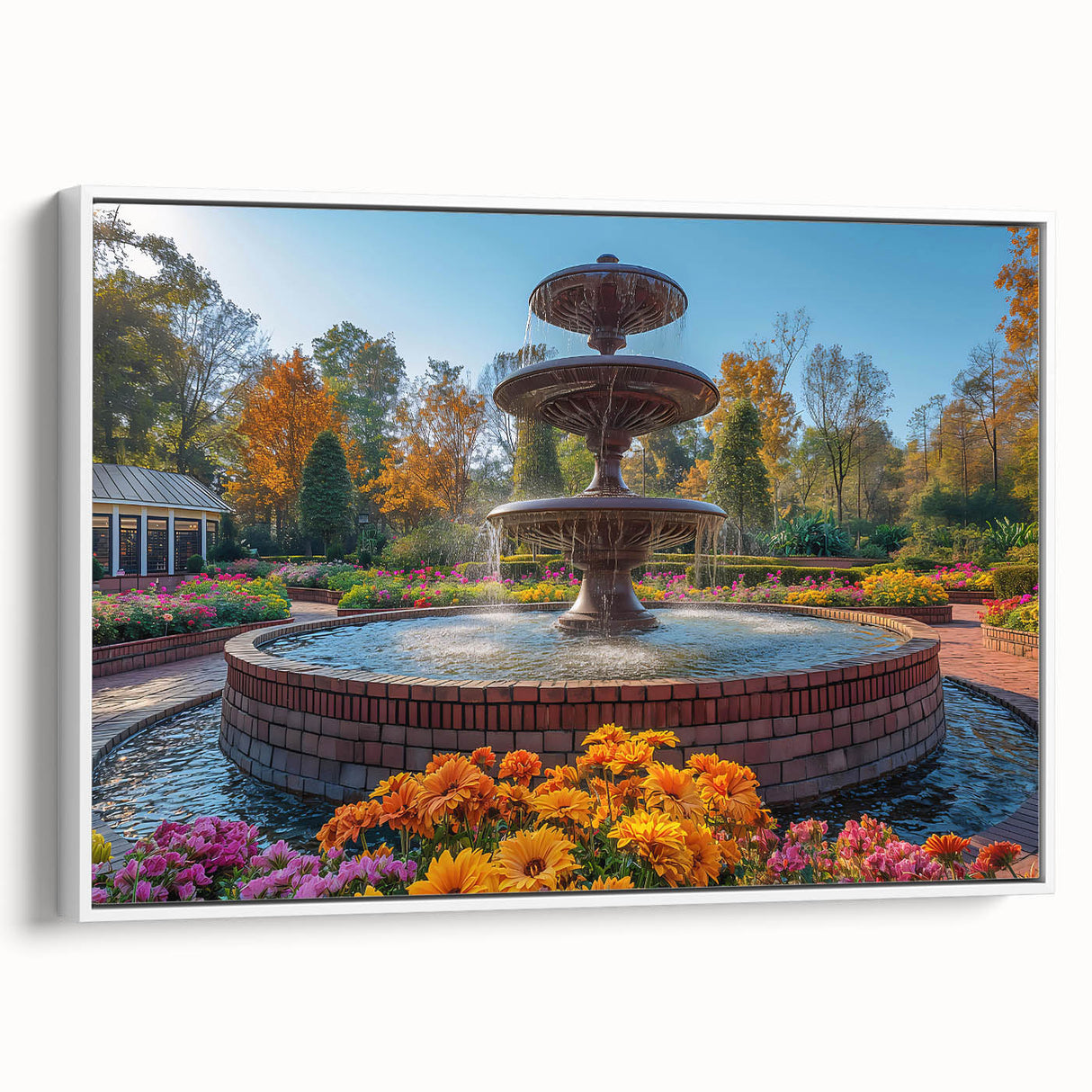 Vintage poster art of an architectural fountain design on a framed canvas, featuring black and colorful art.