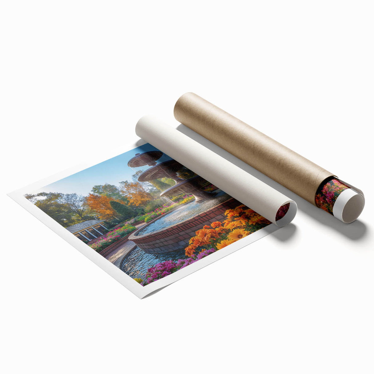 Extra large rolled print of a floral fountain architecture design in muted earth tones, ideal for classy bathroom wall art.