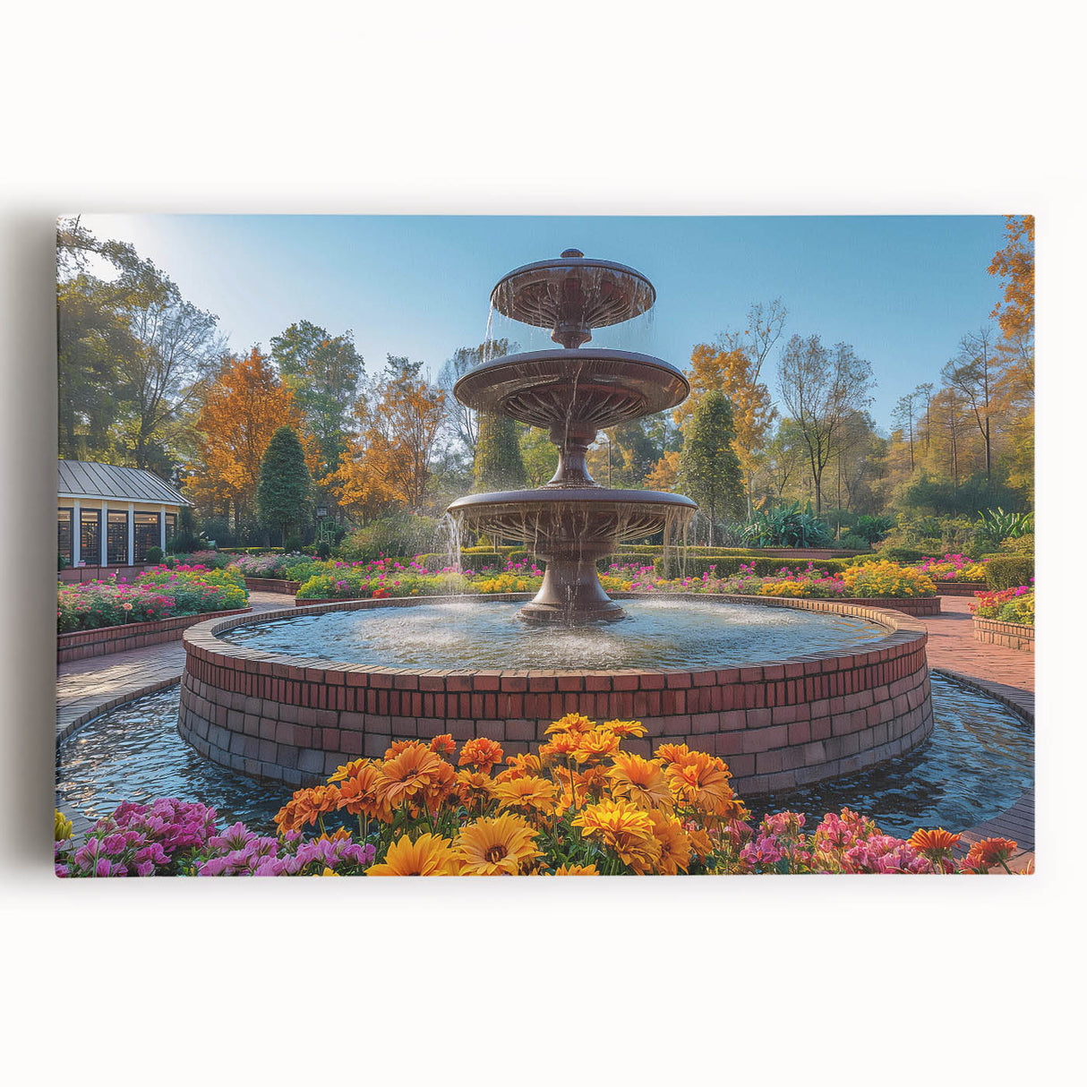 Black and white photo of an architectural fountain design on large stretched canvas, ideal for kitchen wall art.