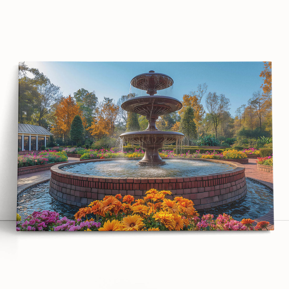 Black and white photo of an architectural fountain design on a large stretched canvas, ideal for kitchen wall art.