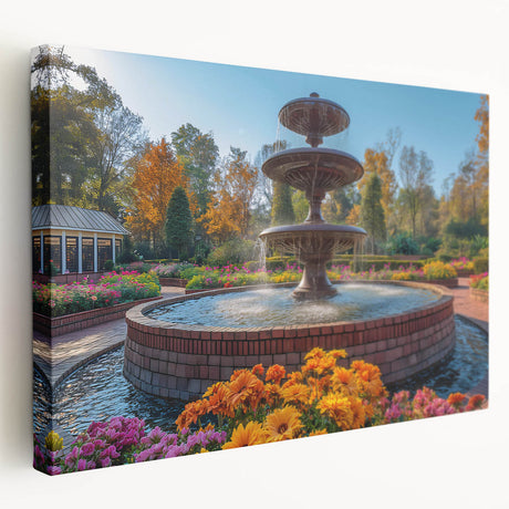 Large canvas print of a modern architectural fountain in muted gray tones, suitable for kitchen wall art.
