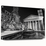 Acrylic glass print of a large abstract design featuring fluid shapes in blue and gray.