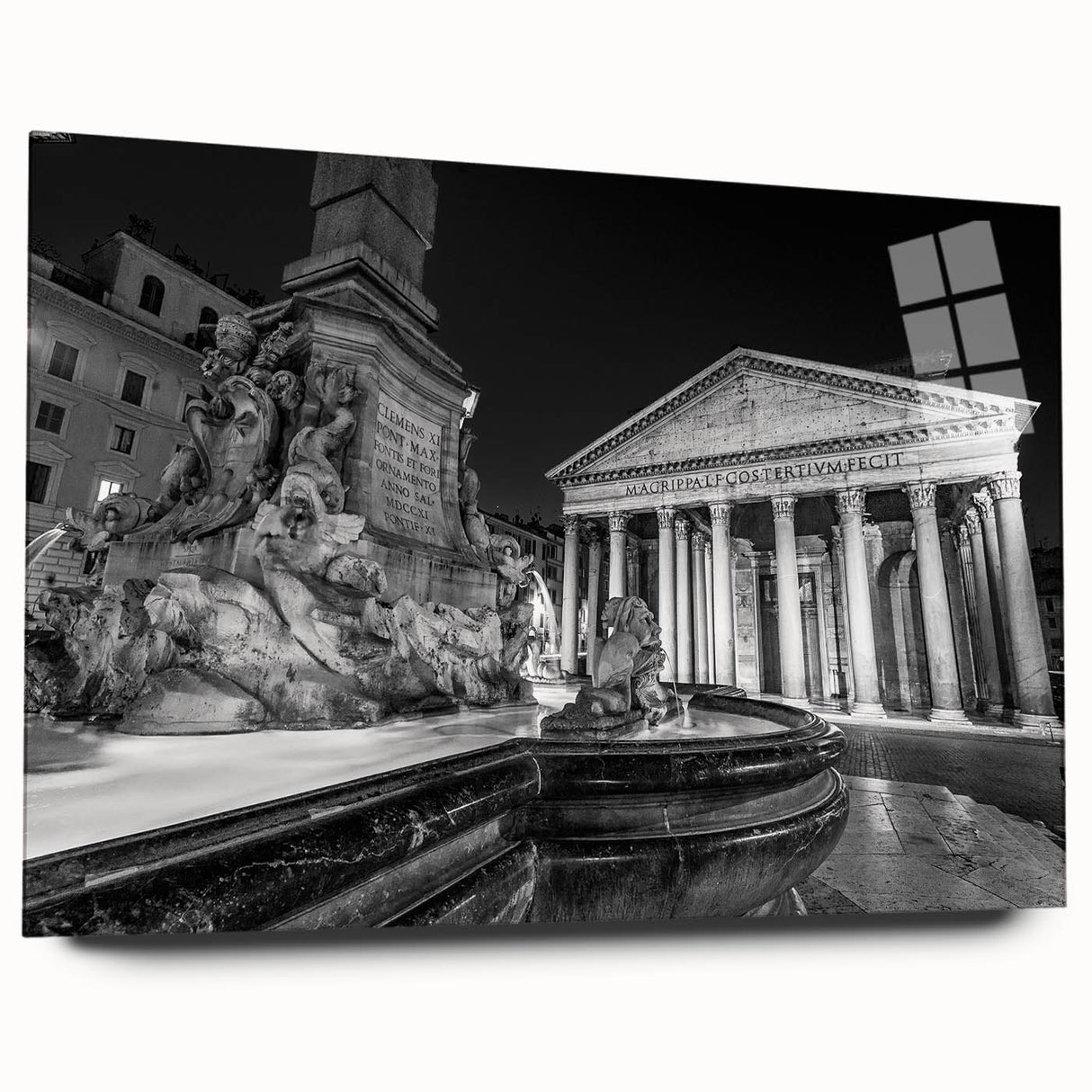 Large abstract wall art on acrylic glass depicting a modern fountain design in cool blue tones.