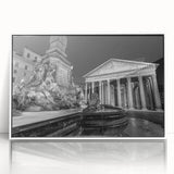 Art deco poster featuring an architectural fountain design in muted gray and blue tones, framed in white acrylic.