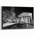 Black and white wall art featuring a vintage poster of a fountain design, framed canvas ideal for bedroom decor.
