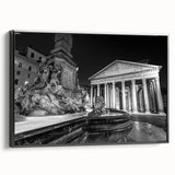 Black and white wall art featuring a vintage poster of a fountain design, framed canvas ideal for bedroom decor.