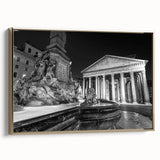 Vintage poster art of a landscape with a fountain, framed canvas in black and gold tones, ideal for bedroom wall decor.