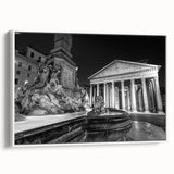 Vintage poster art of an architectural fountain design, framed canvas in black and colorful art, ideal for living room decor.