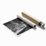 Extra large rolled print of a symmetrical fountain design with floral motifs in muted blue and gray tones.