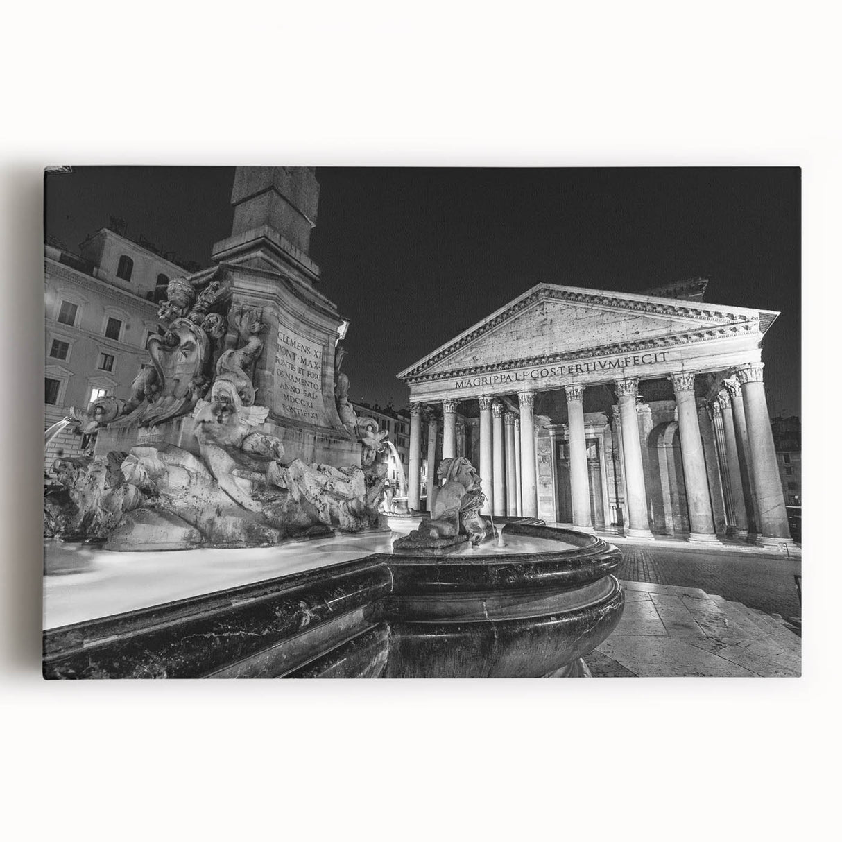 Black and white stretched canvas featuring a large architectural fountain design, ideal for kitchen wall art.