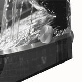 Large abstract wall art on acrylic glass featuring geometric shapes in muted gray and blue tones, ideal for dining room art.