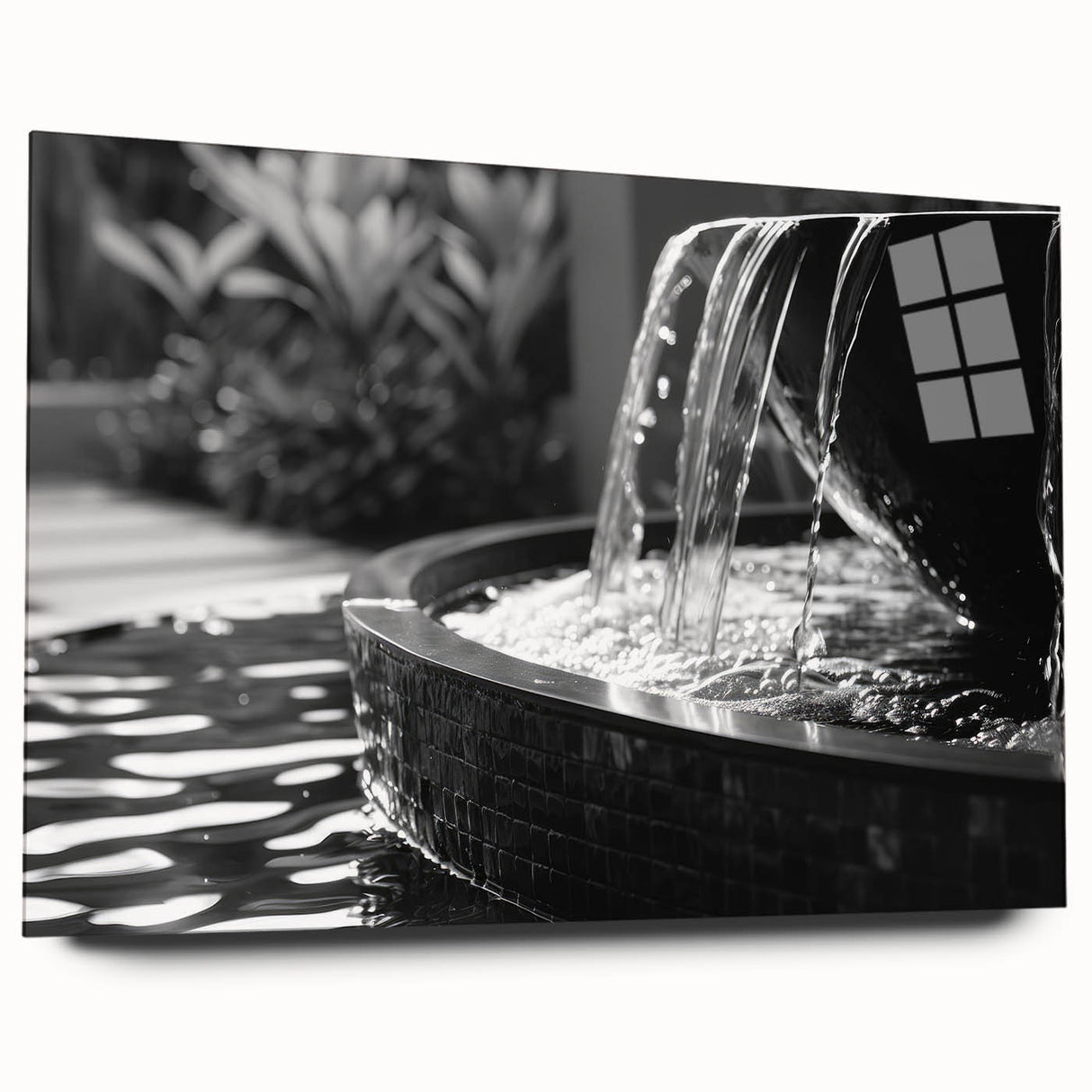 Large abstract wall art on acrylic glass featuring a monochrome architectural fountain design.