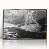 Mid-century modernist acrylic print of an architectural fountain design in gold tones, ideal for modern art wall decor.