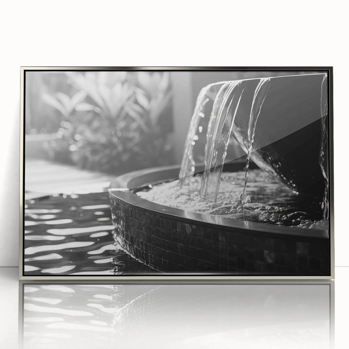 Mid-century modernist art depicting an architectural fountain in muted silver on a framed acrylic.