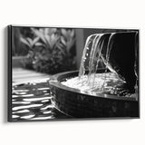 Black and white framed canvas featuring a vintage landscape painting of a fountain, ideal for bedroom wall decor.