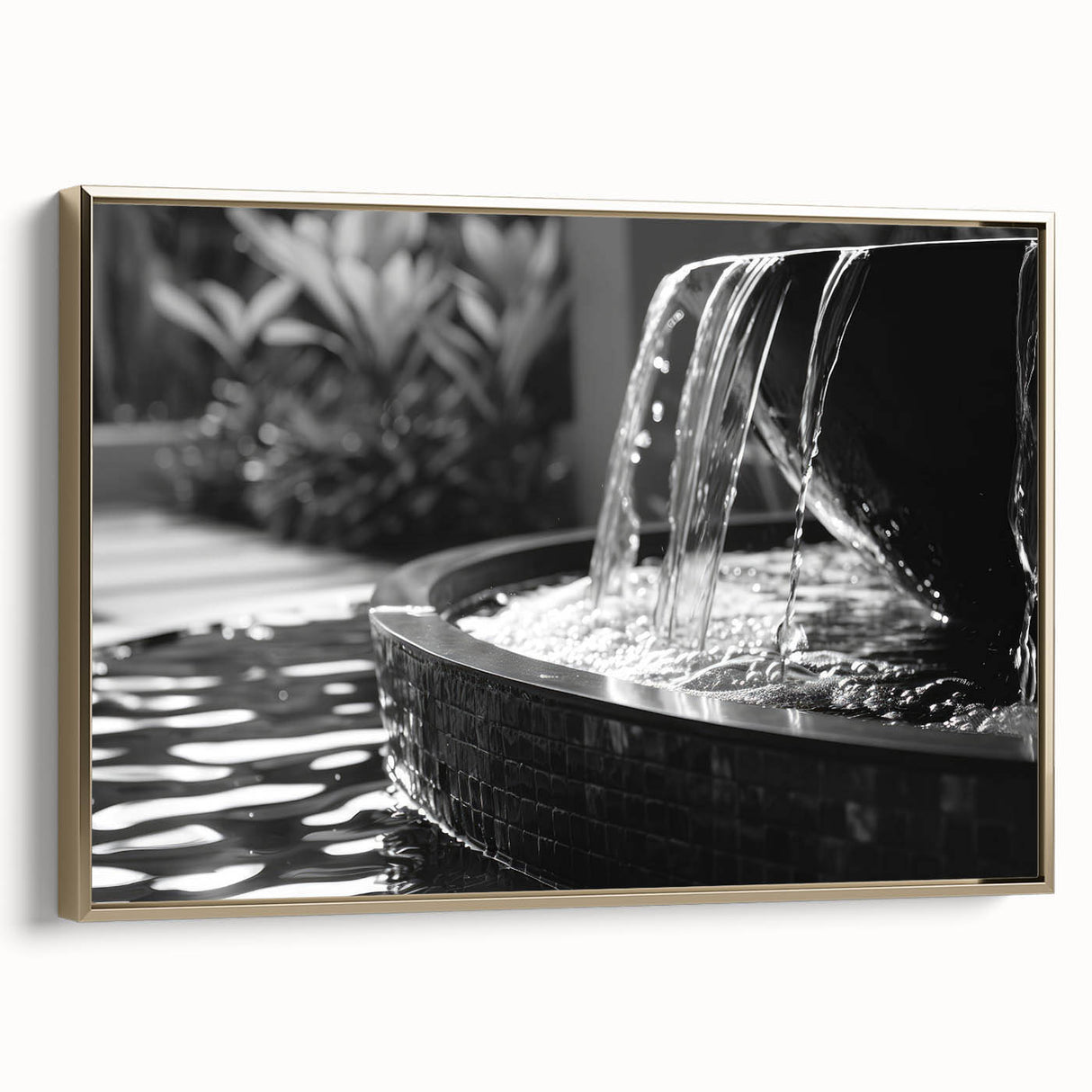 Framed canvas featuring a vintage poster-style landscape painting with muted gold and black tones.