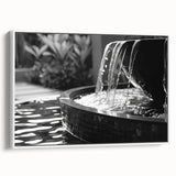 Vintage poster art of an architectural fountain design on framed canvas, featuring black and colorful art.