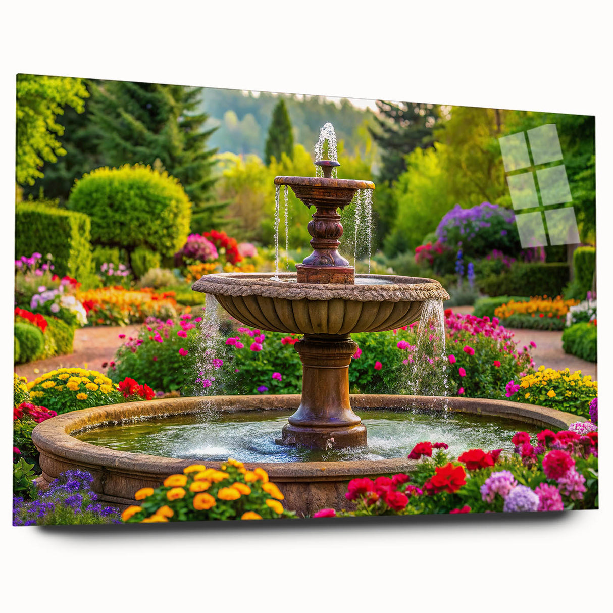 Large abstract wall art on acrylic glass depicting a fountain design in muted blue and gray tones.