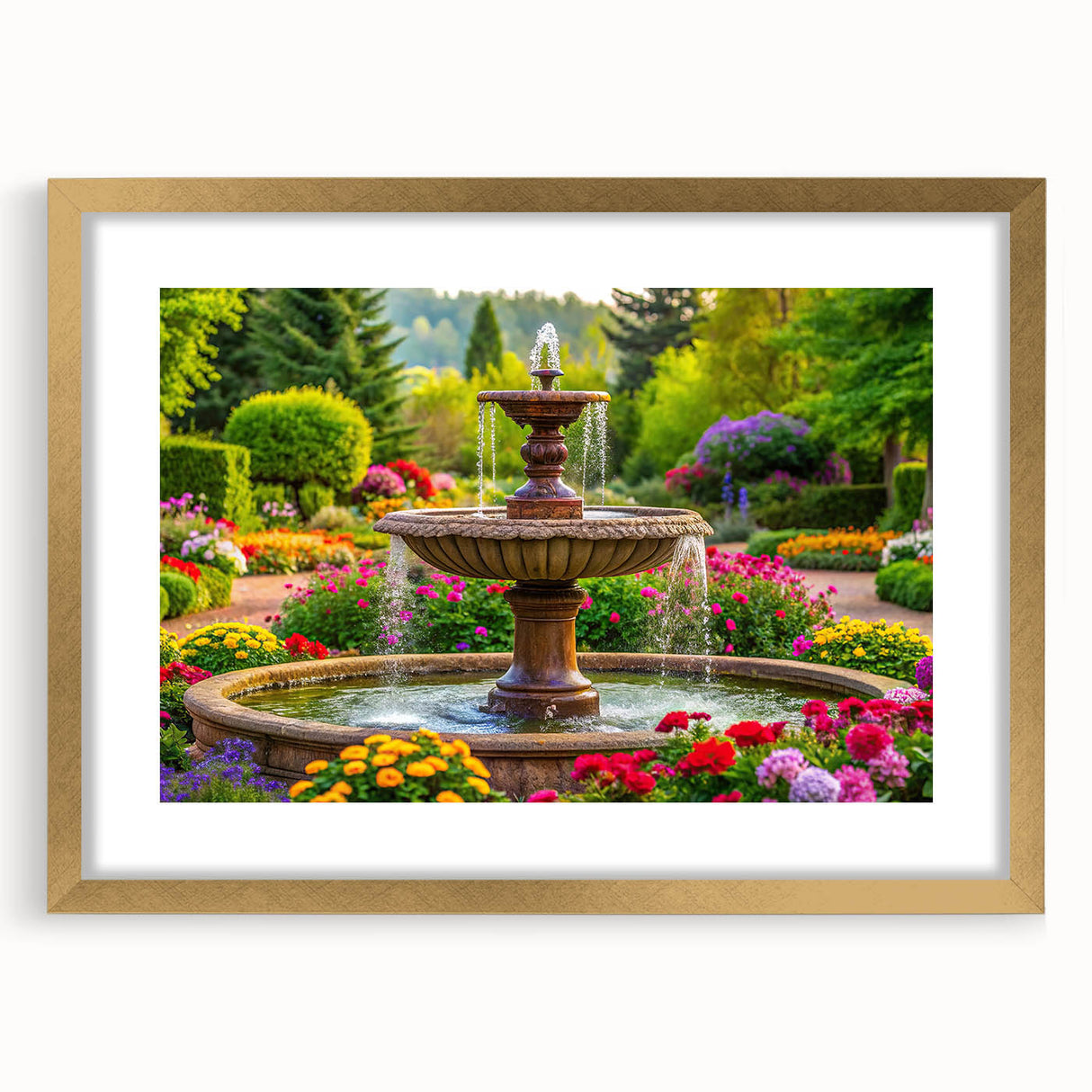 Extra large abstract art print featuring a textured fountain design in muted gold tones on a framed canvas.