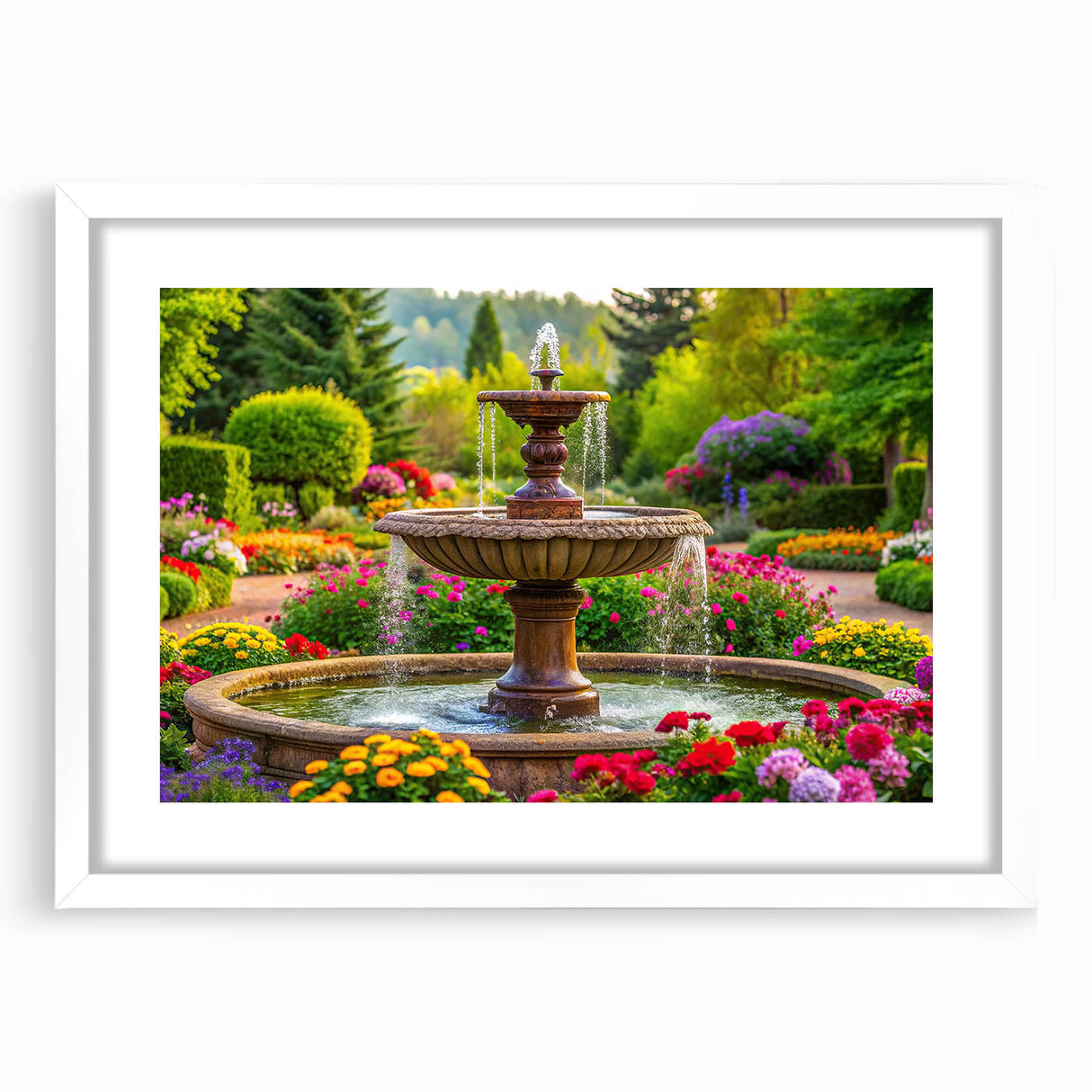 Abstract art print featuring a fountain design in muted gray and blue tones on a white framed mat.