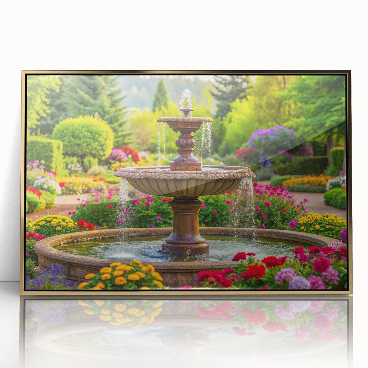 Framed acrylic print of a mid-century modernist fountain design in muted gold tones, ideal for modern art wall decor.