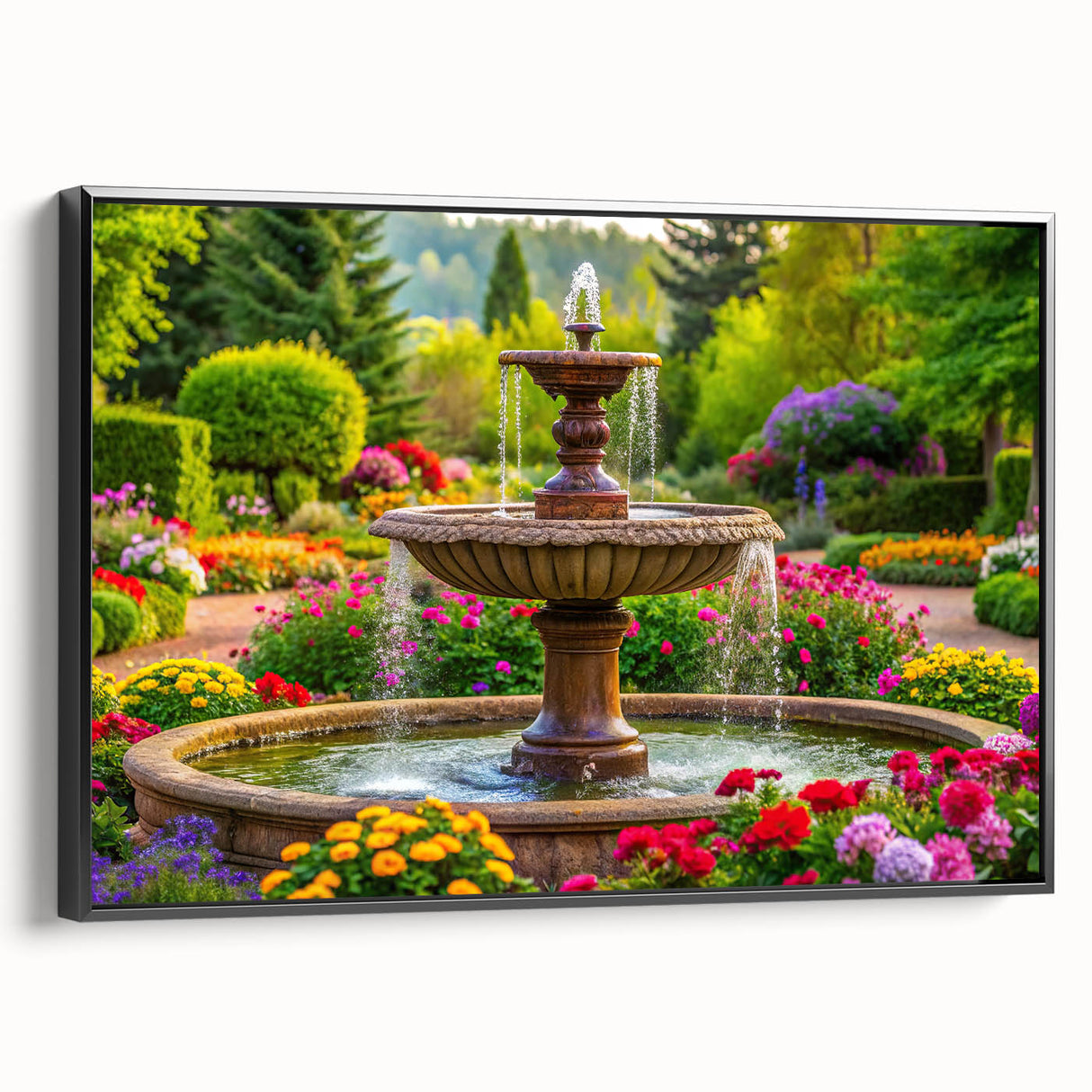 Black and white wall art featuring a vintage poster-style landscape painting on a framed canvas, ideal for bedroom decor.