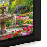 Close-up of a black framed canvas featuring a colorful, textured fountain design, ideal for extra large living room wall art.