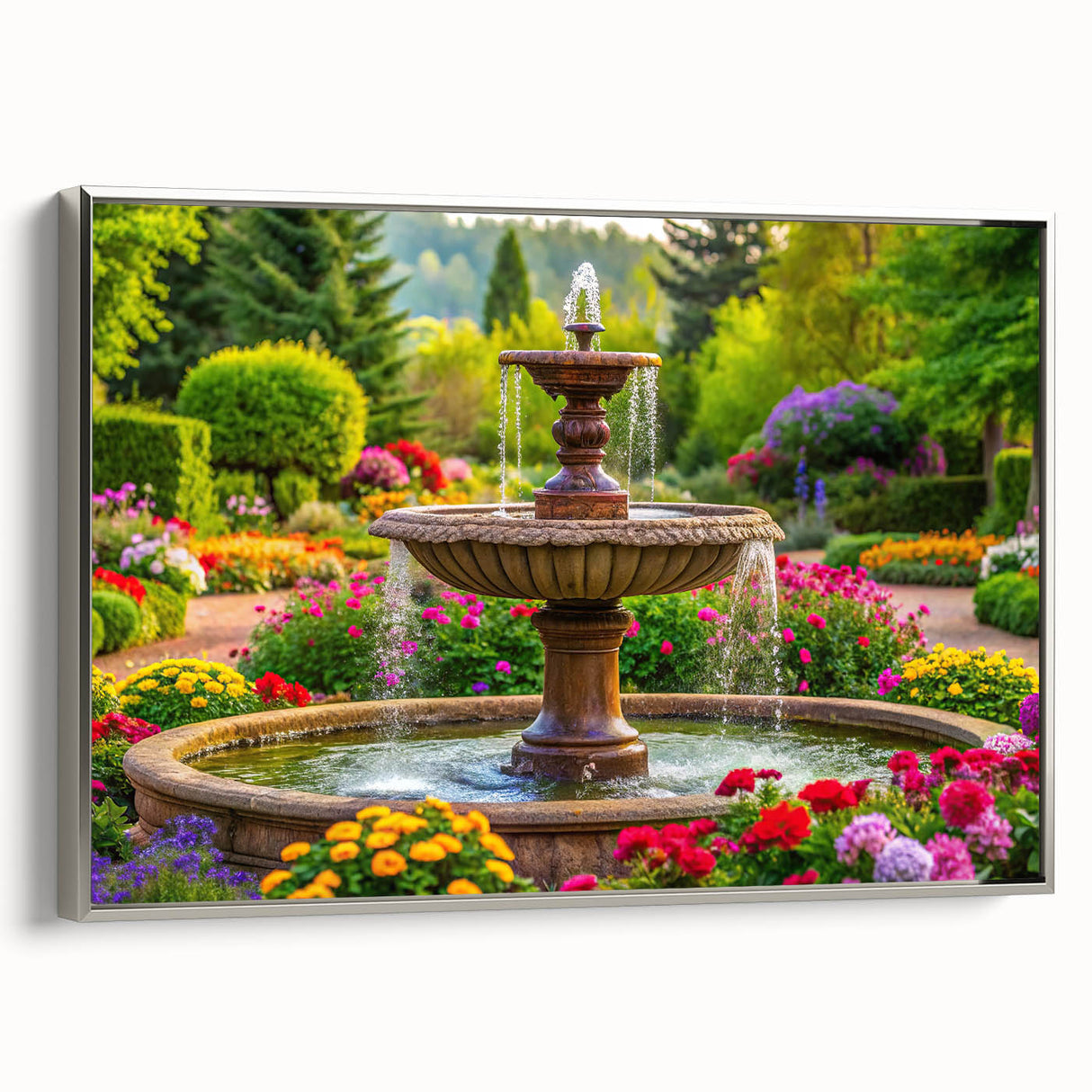 Framed canvas of a vintage landscape painting featuring a fountain design, with silver accents and muted colorful tones.