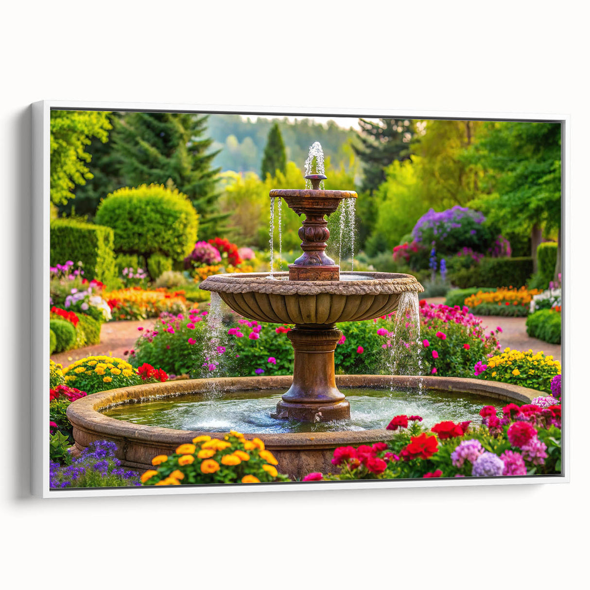 Vintage poster art of an architectural fountain design in colorful art tones on a framed canvas, ideal for living room decor.
