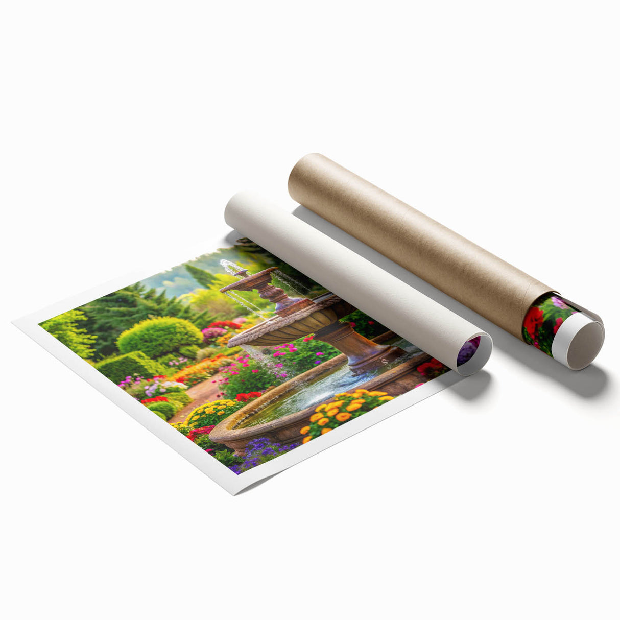 Extra large rolled print of a detailed floral design in muted pastel shades.