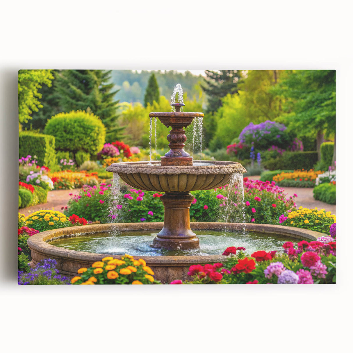 Black and white large art print of a fountain architecture on stretched canvas, suitable for kitchen wall art.