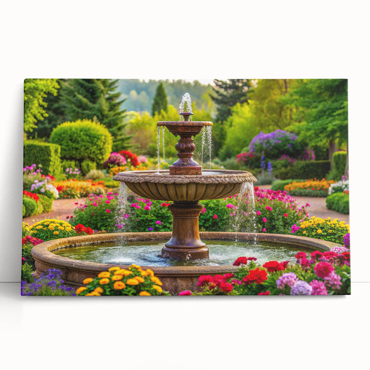 Black and white photo of an architectural fountain on stretched canvas, suited for kitchen or bedroom wall art.