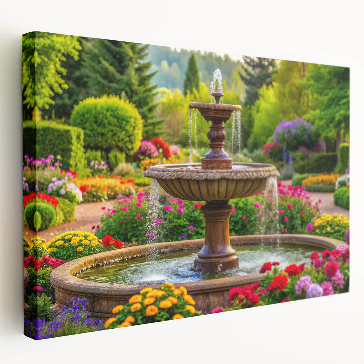 Side view of a large stretched canvas depicting a detailed architectural fountain design in neutral tones.