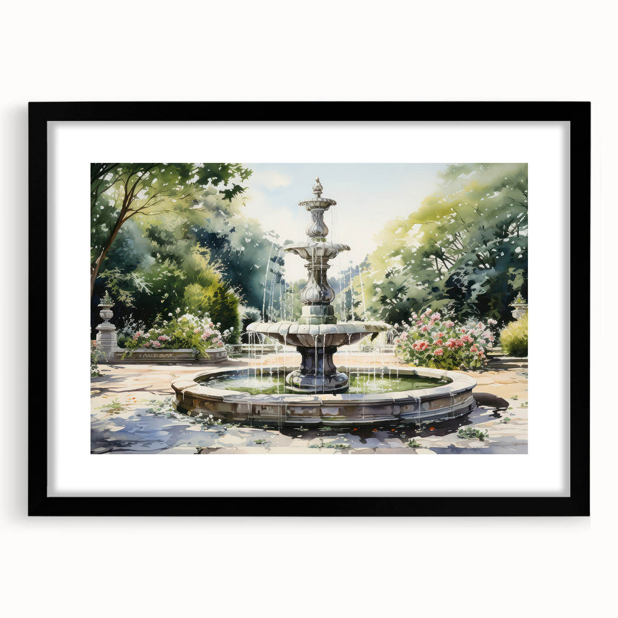 Extra large abstract art print featuring a colorful, textured fountain design on a black framed canvas.