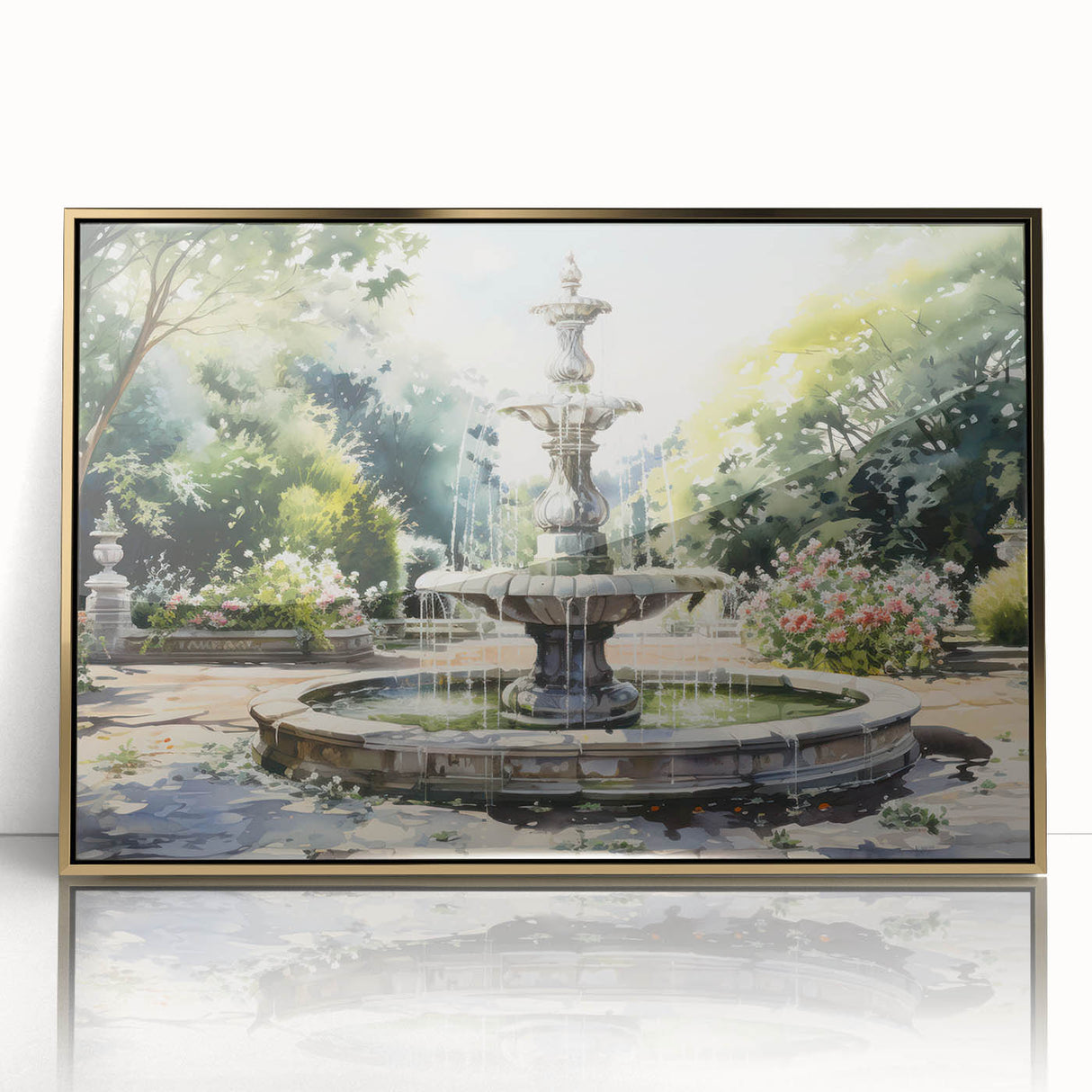 Mid-century modernist style large art print featuring an architectural fountain design in gold tones on acrylic.