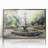 Mid-century modernist style large art print featuring an architectural fountain design in gold tones on acrylic.