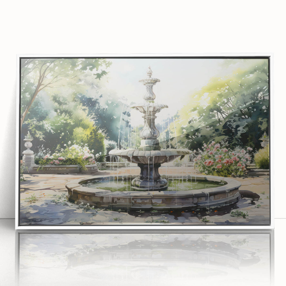 Framed acrylic print of an art deco fountain in muted silver and gray tones, ideal for modern art wall decor in a nursery.