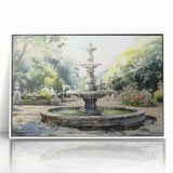 Framed acrylic print of an art deco fountain in muted silver and gray tones, ideal for modern art wall decor in a nursery.