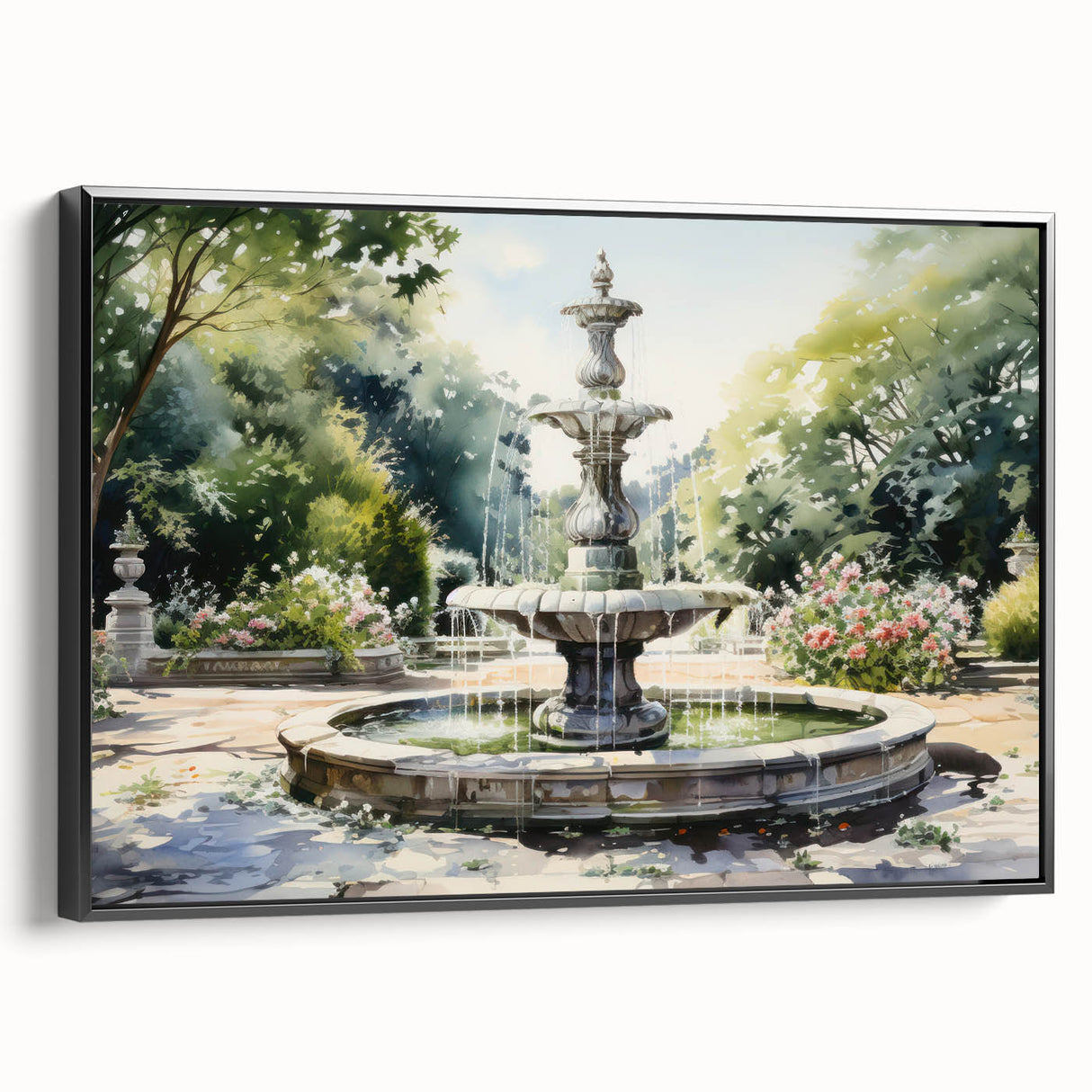 Black and white framed canvas of a vintage landscape with a fountain, ideal for bedroom wall decor.