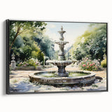 Black and white framed canvas of a vintage landscape with a fountain, ideal for bedroom wall decor.