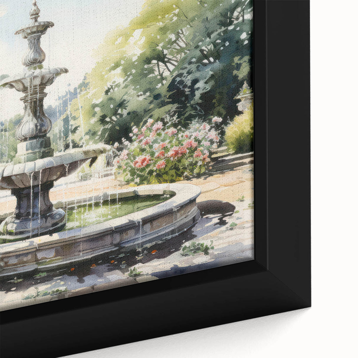 Extra large black wall art featuring a textured fountain design with colorful accents on framed canvas.