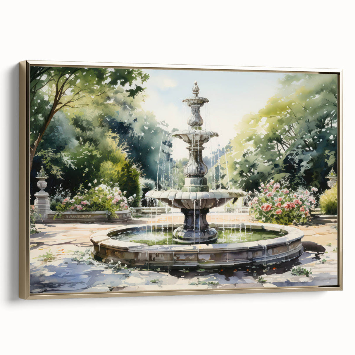 Framed canvas depicting a vintage landscape painting with a fountain, rendered in black and gold.