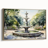 Framed canvas depicting a vintage landscape painting with a fountain, rendered in black and gold.