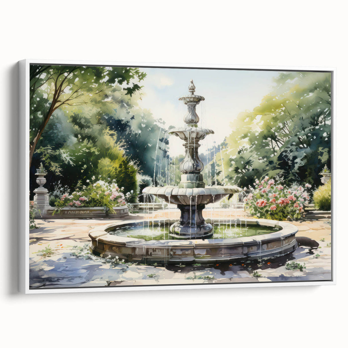 Vintage poster art of a fountain design on framed canvas, featuring black and colorful art, ideal for living room decor.