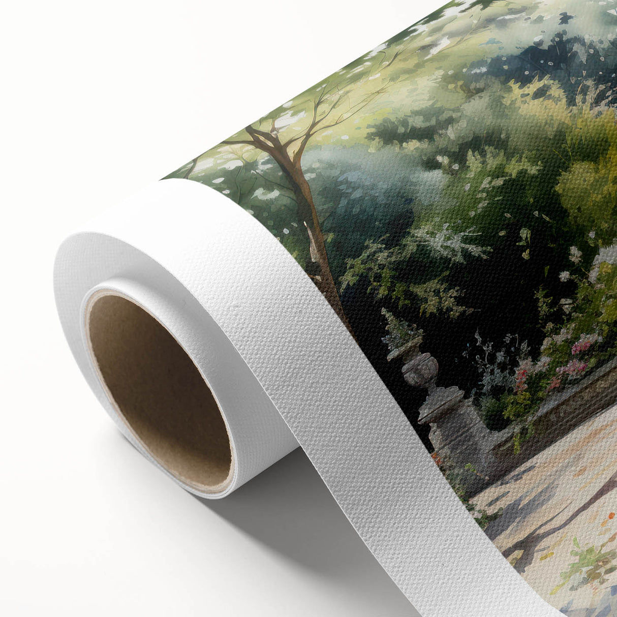 Art Deco style fountain design in soft blue and beige tones on rolled canvas, ideal for nursery wall art.