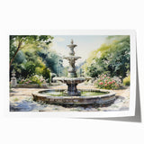 Extra large rolled print depicting a detailed floral fountain architecture, in muted earth tones.