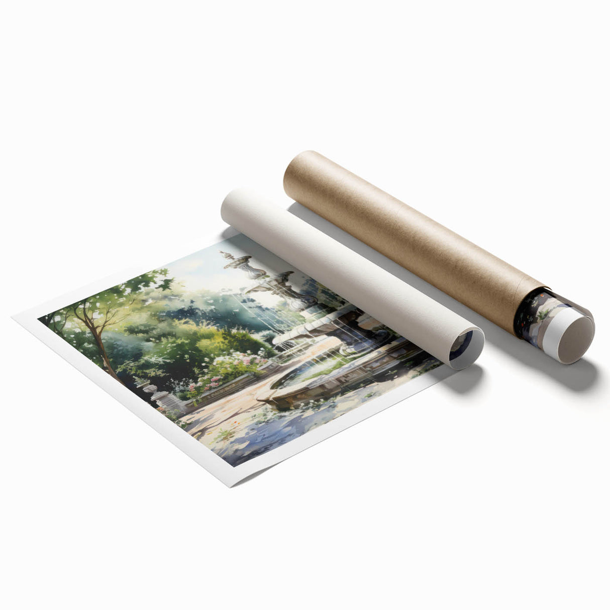 Extra large rolled print of a fountain design in muted earth tones, ideal for classy bathroom wall art.